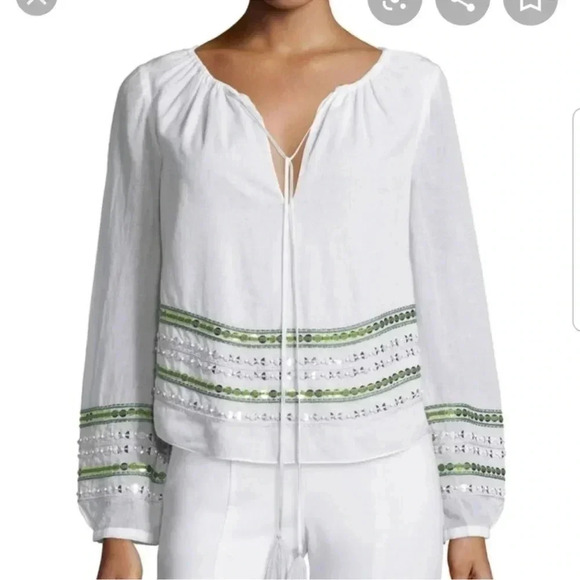 Tory Burch Madeline Sequin Peasant Blouse 100% Cotton Size 6 - Picture 3 of 13